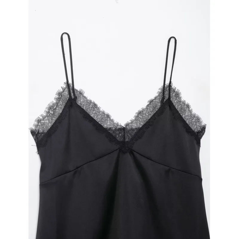Sexy Satin Cami Top with Lace Trim