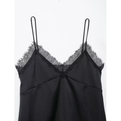 Sexy Satin Cami Top with Lace Trim