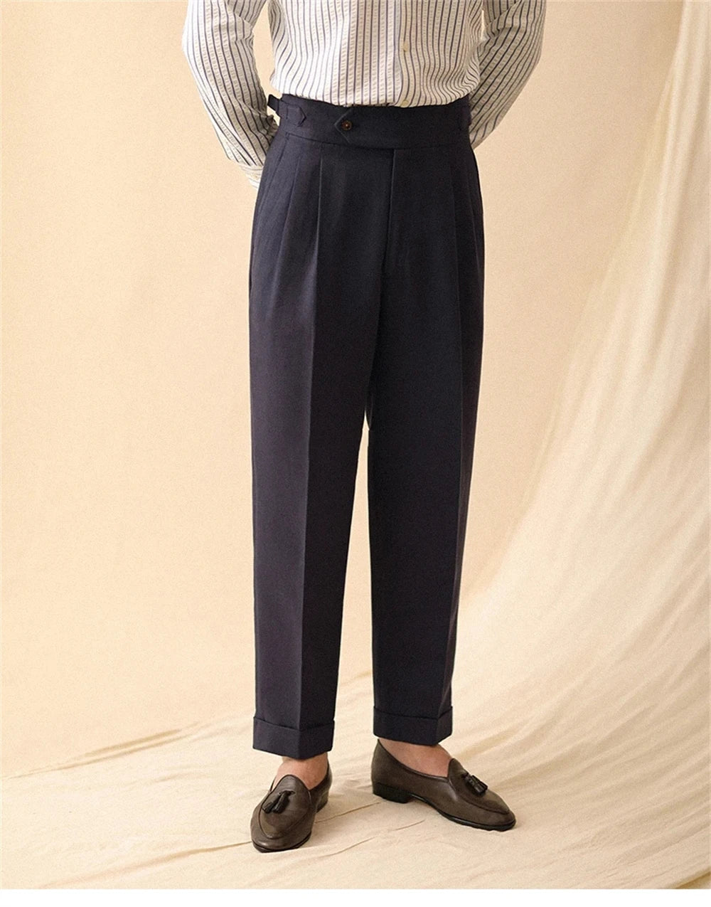 Men's Straight-Leg Linen Pants, Business Casual Summer Trousers, Naples, Paris Buckle, Drapey, High-Waisted Formal Pants for Men
