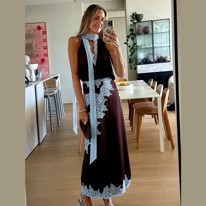 Patchwork lace long skirt suit