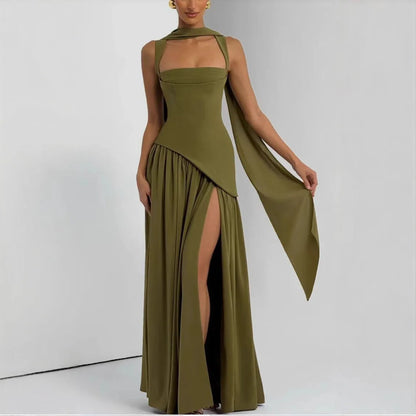 Elegant Olive Green Long Dress