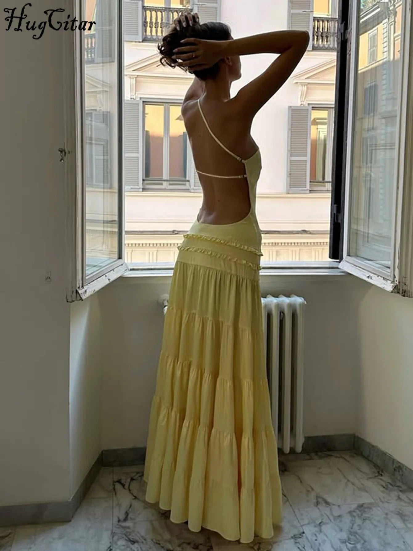 vestido espalda descubierta Sexy volantes elegante plisado Maxi