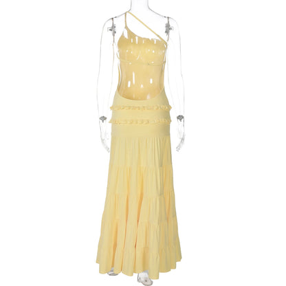 vestido espalda descubierta Sexy volantes elegante plisado Maxi