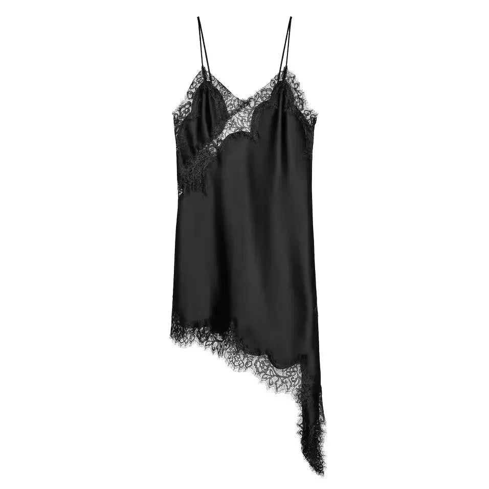 spliced satin lace sheer dress