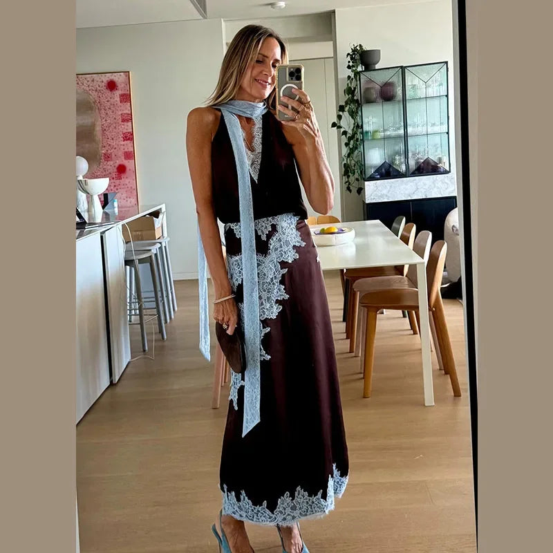 Patchwork lace long skirt suit