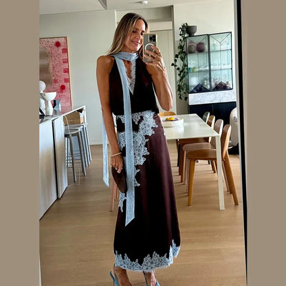 Patchwork lace long skirt suit