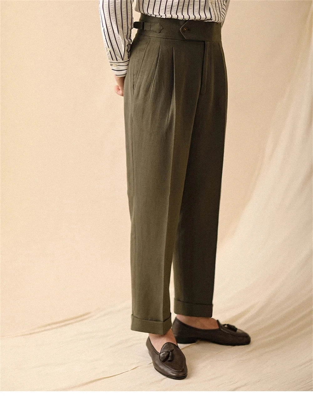 Men's Straight-Leg Linen Pants, Business Casual Summer Trousers, Naples, Paris Buckle, Drapey, High-Waisted Formal Pants for Men