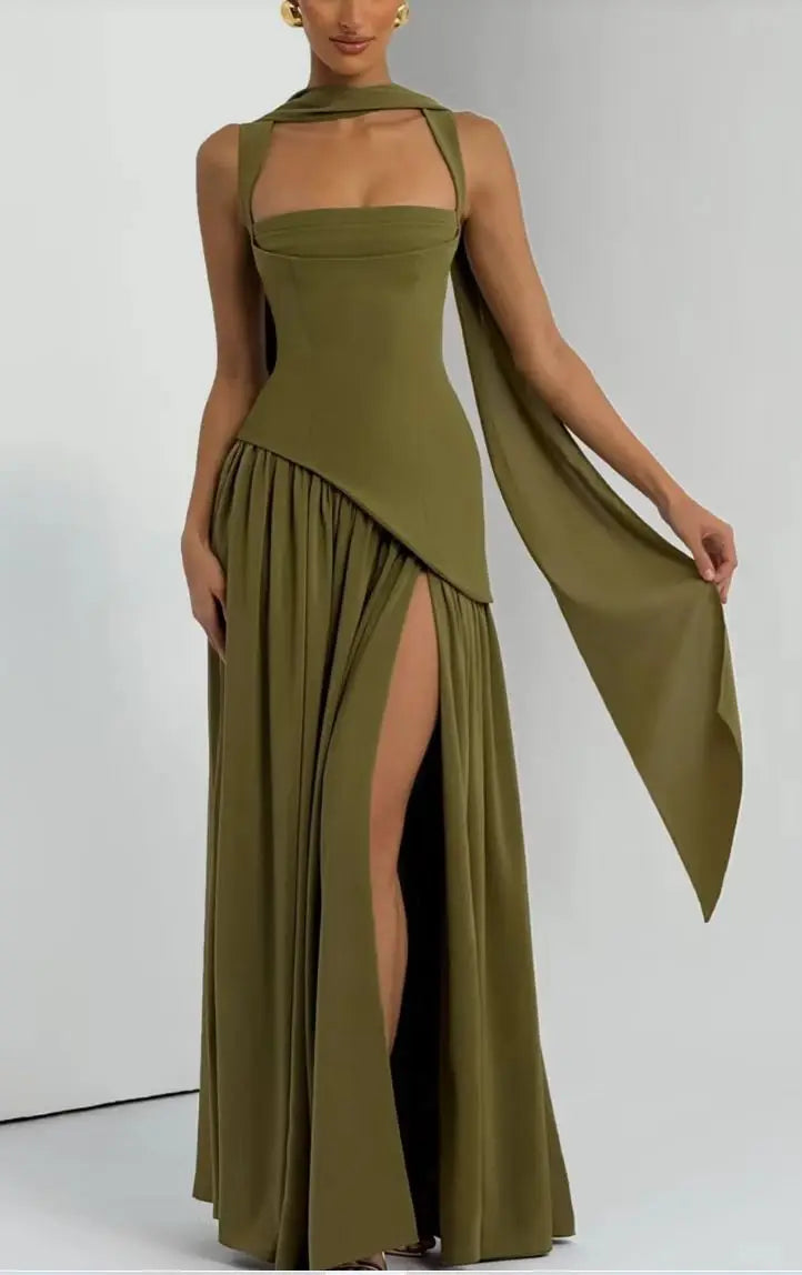 Elegant Olive Green Long Dress