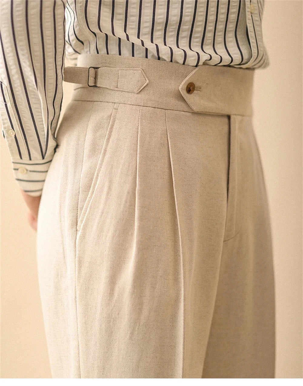 Men's Straight-Leg Linen Pants, Business Casual Summer Trousers, Naples, Paris Buckle, Drapey, High-Waisted Formal Pants for Men