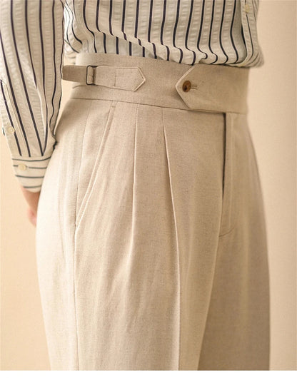 Men's Straight-Leg Linen Pants, Business Casual Summer Trousers, Naples, Paris Buckle, Drapey, High-Waisted Formal Pants for Men