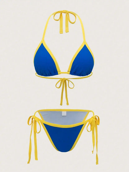 Women's Sexy Bikini Set With Color-Blocked Side Panels And Adjustable Side Ties, Summer Beach Vacations,Swimsuits For Woman