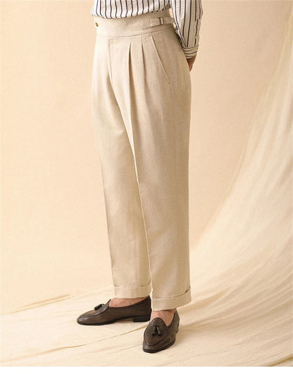 Men's Straight-Leg Linen Pants, Business Casual Summer Trousers, Naples, Paris Buckle, Drapey, High-Waisted Formal Pants for Men