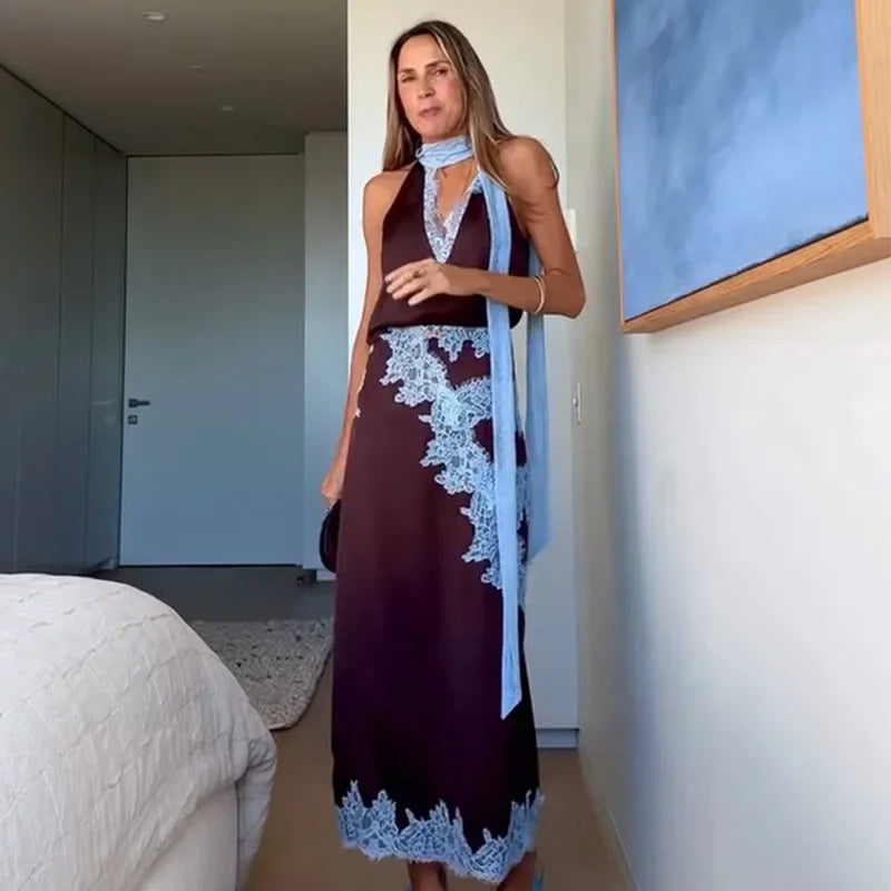 Patchwork lace long skirt suit