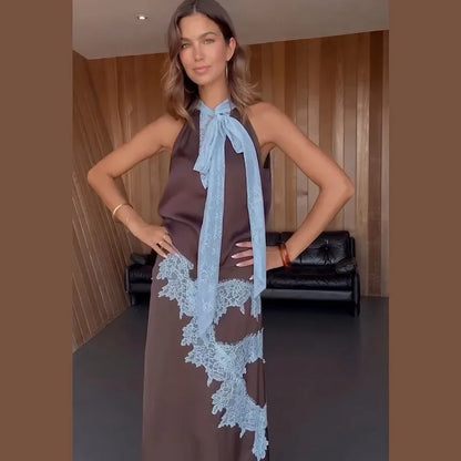 Patchwork lace long skirt suit