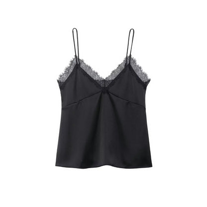 Sexy Satin Cami Top with Lace Trim