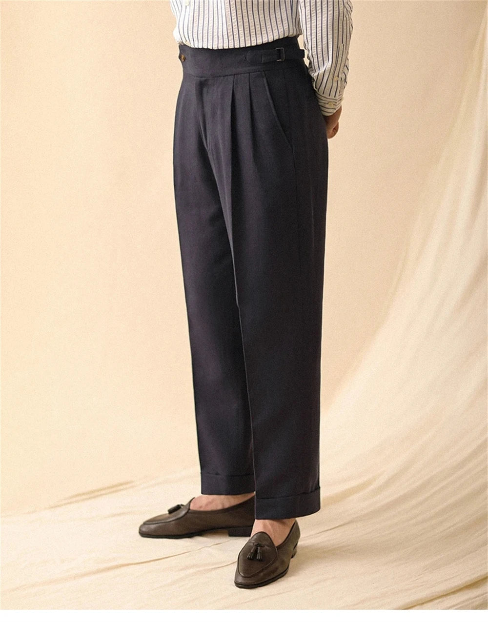 Men's Straight-Leg Linen Pants, Business Casual Summer Trousers, Naples, Paris Buckle, Drapey, High-Waisted Formal Pants for Men