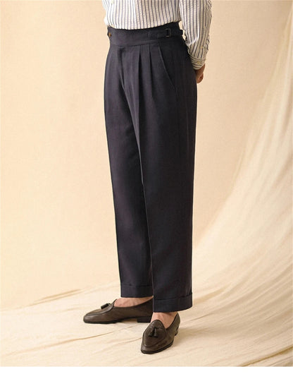 Men's Straight-Leg Linen Pants, Business Casual Summer Trousers, Naples, Paris Buckle, Drapey, High-Waisted Formal Pants for Men