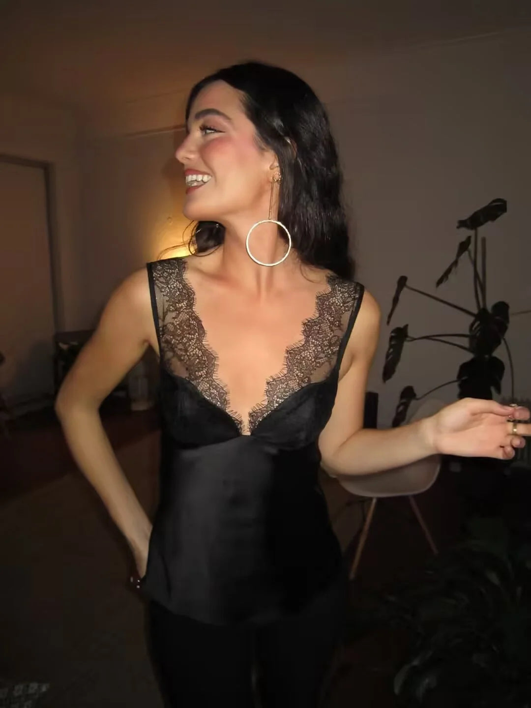 Satin lace cami with spaghetti straps