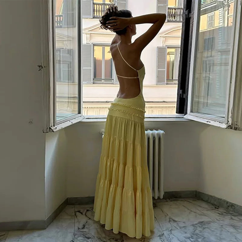 vestido espalda descubierta Sexy volantes elegante plisado Maxi