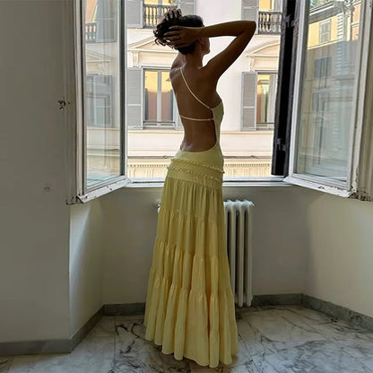 vestido espalda descubierta Sexy volantes elegante plisado Maxi