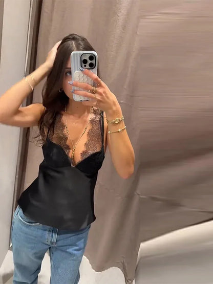 Satin lace cami with spaghetti straps