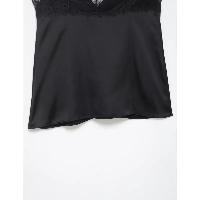 Sexy Satin Cami Top with Lace Trim