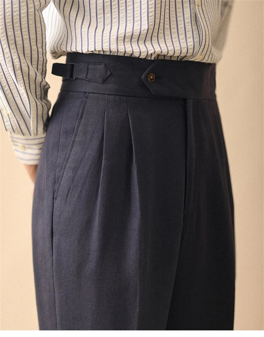 Men's Straight-Leg Linen Pants, Business Casual Summer Trousers, Naples, Paris Buckle, Drapey, High-Waisted Formal Pants for Men