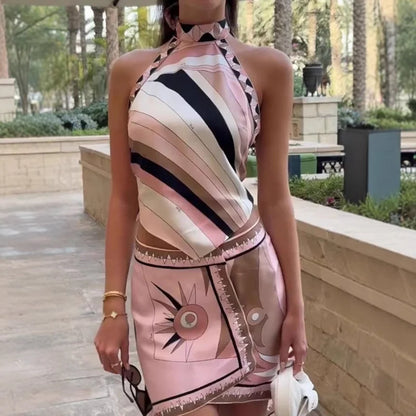 Halter Printed Miniskirt Sets Sexy Sleeveless Top