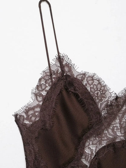 spliced satin lace sheer dress