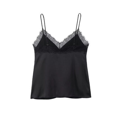 Sexy Satin Cami Top with Lace Trim