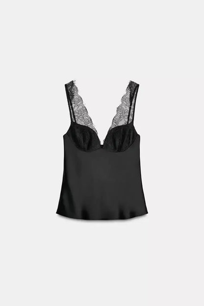 Satin lace cami with spaghetti straps