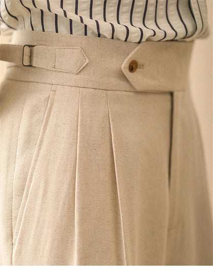 Men's Straight-Leg Linen Pants, Business Casual Summer Trousers, Naples, Paris Buckle, Drapey, High-Waisted Formal Pants for Men