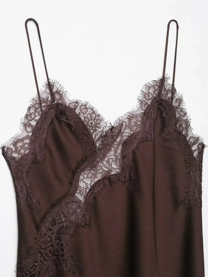 spliced satin lace sheer dress