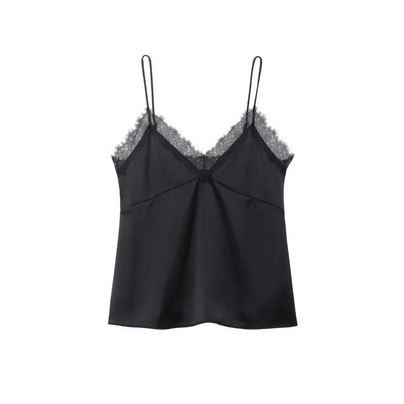 Sexy Satin Cami Top with Lace Trim