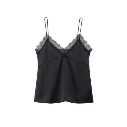 Sexy Satin Cami Top with Lace Trim