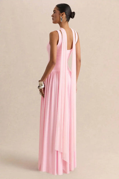 vestido largo sin mangas con cuello en U